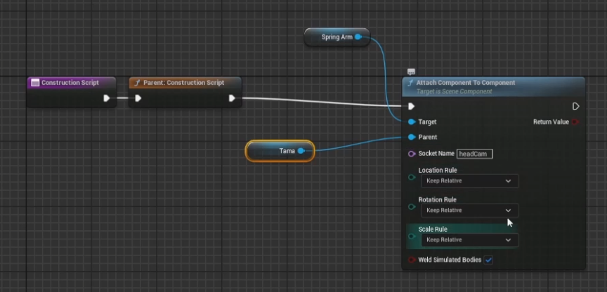 Attach Component To ComponentノードでスプリングアームをTamaの子供に配置変更している