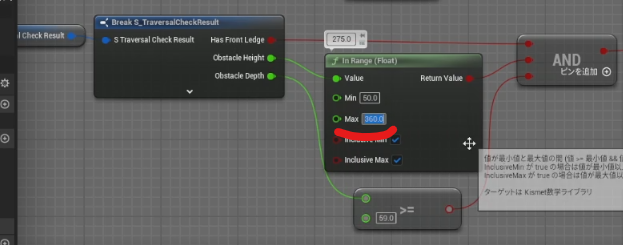 トラバース処理のステップ4.1の最初の分岐がFalseだった場合の分岐条件部分で、１つ上の図に対してMaxの値を360に変更した状態。
