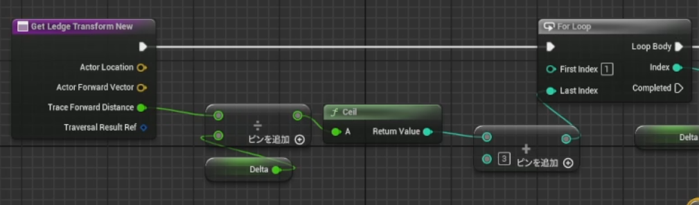 関数の中身。前半部。For-loopの反復回数を「Trace Forward Distance」引数から探索幅を割って算出している