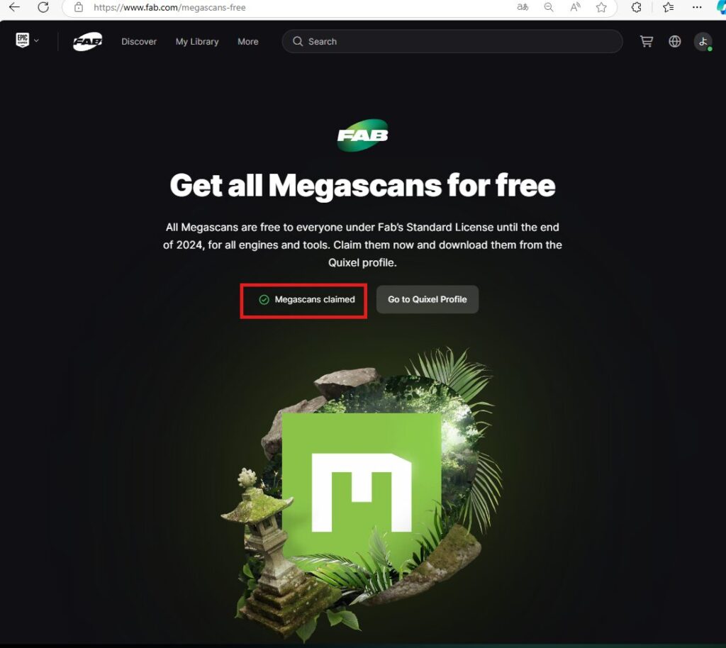 Megascansの無料利用権を得た状態